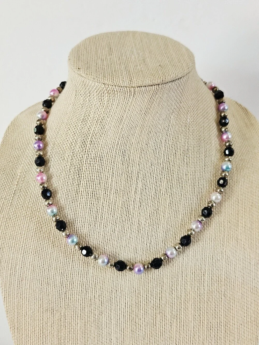 Vintage Beaded Crystal Faceted Lucite Pastel Faux Pearl Screw Clasp Necklace